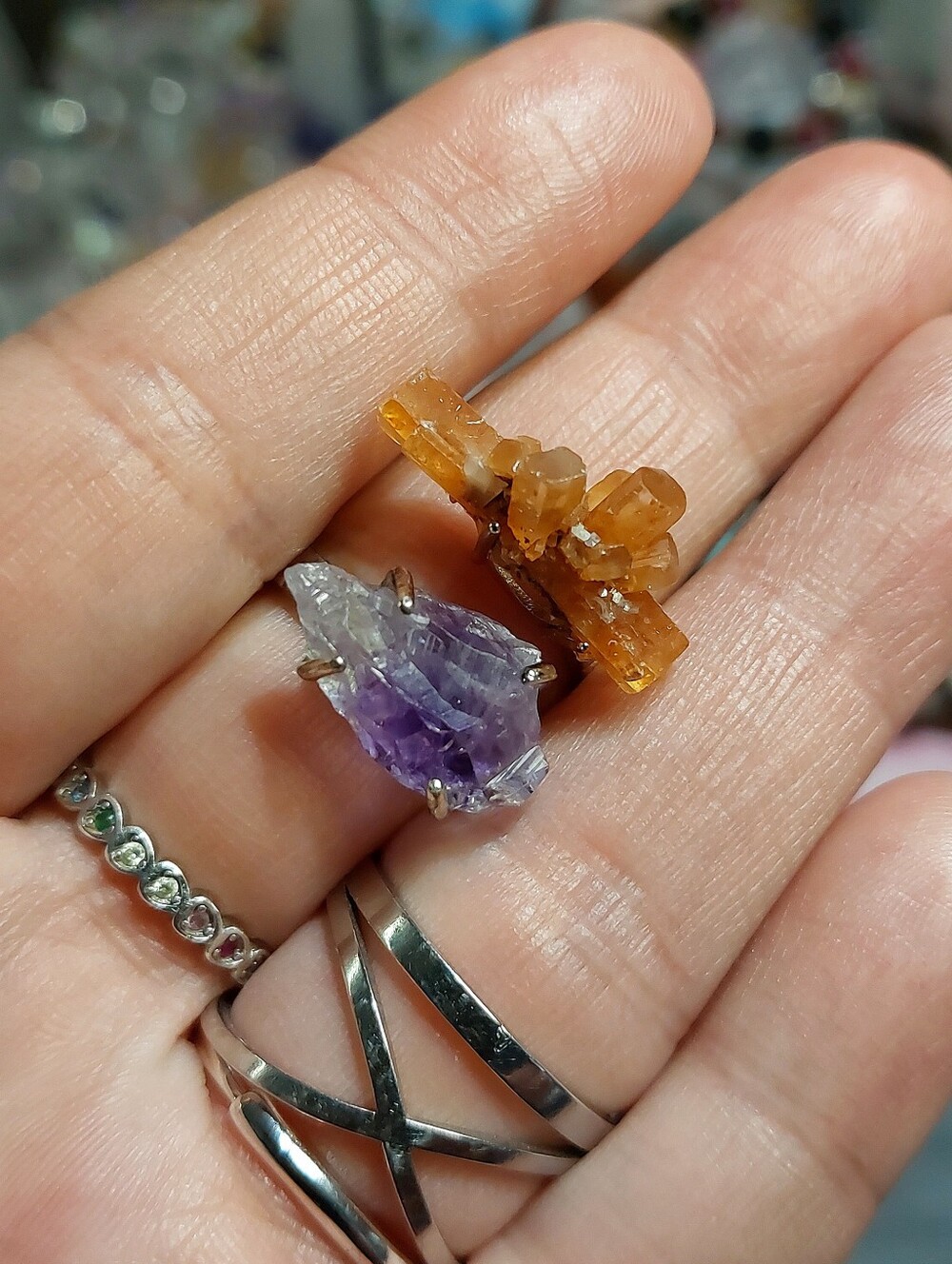 🪨⚒️ Duel Specimen Natural Mini Amethyst Wand & Aragonite Copper Ring